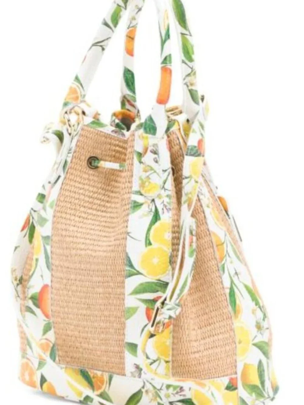 NWT VALENTINA Made In Italy Straw Lemon Orange Print Front Bucket Bag
